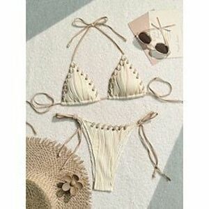 Női Fürdőruha Bikini 2 darab Tanga Fürdőruha Nyitott hátú Vékony Szabadság Strandruházat Tömör szín Kötőfék nyaka Ujjatlan Fürdőruhák Lightinthebox kép