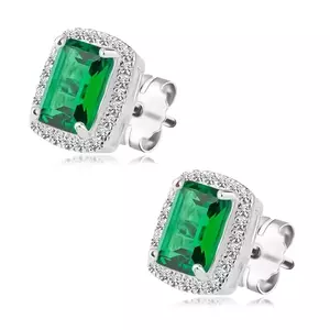 925 Silver earrings - green rectangular zircon, clear zircon edge kép