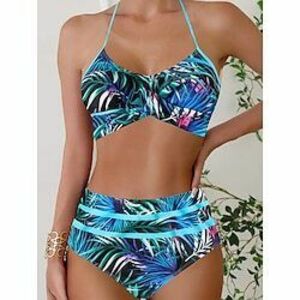 Női Fürdőruha Bikini 2 darab Bugyik Fürdőruha Nyitott hátú Vékony Magas derekú Szabadság Strandruházat Fólia Kötőfék nyaka Ujjatlan Fürdőruhák Lightinthebox kép