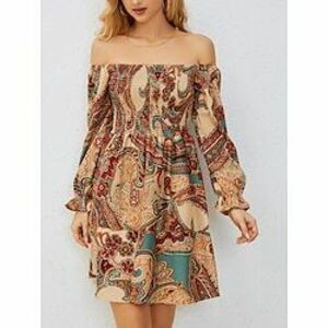 Női hétköznapi ruha Boho elegáns ruhák Csehország Alkalmi Boho Paisley Mini ruha Hosszú ujj Aszimmetrikus Nyitott hátú Nyomtatott Laza öltözet Vakáció Napi Tengerpart Barna Nyár Tavasz Lightinthebox kép