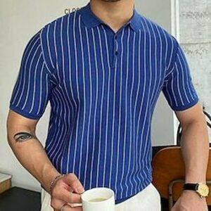 Férfi Button Up Polos Golfing Hétköznapi Sport Hajtóka Rövid ujjú Divat Alap Csík Kollázs Gombok Nyár Kék Button Up Polos Lightinthebox kép