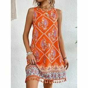 Női hétköznapi ruha Boho elegáns ruhák Ujjatlan ruha Csehország Alkalmi Boho Paisley Mini ruha Ujjatlan Terített nyak Nyomtatott Rojt Laza öltözet Vakáció Napi Tengerpart Égszínkék Narancssárga Tavasz Lightinthebox kép