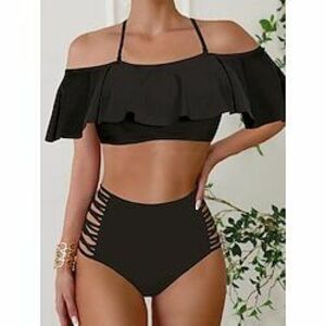 Női Fürdőruha Bikini 2 darab Bugyik Fürdőruha Fodrozott Nyitott hátú Vékony Magas derekú Szabadság Strandruházat Tömör szín Kötőfék nyaka Rövid ujjú Fürdőruhák Lightinthebox kép