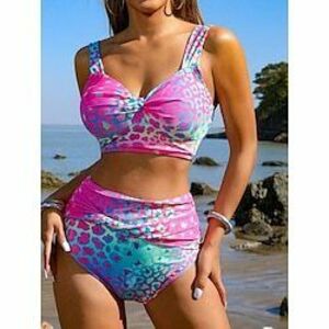 Női Fürdőruha Bikini 2 darab Bugyik Fürdőruha Nyitott hátú Vékony Szabadság Strandruházat Leopárd V-alakú Ujjatlan Fürdőruhák Lightinthebox kép