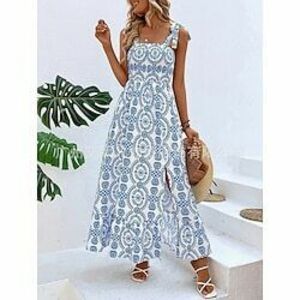 Női hétköznapi ruha Boho elegáns ruhák Slip ruha Csehország aranyos stílus Alkalmi Virágos Maxiruha Ujjatlan Pántos Nyitott hátú Nyomtatott Szakadt comb Laza öltözet Vakáció Napi Tengerpart Fekete Lightinthebox kép