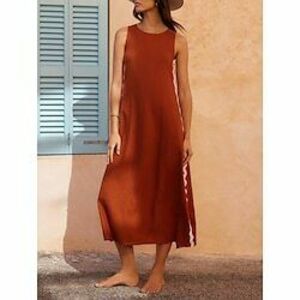 Női hétköznapi ruha Boho elegáns ruhák Ujjatlan ruha Csehország Alkalmi Boho Sima Maxiruha Rövid ujjú Terített nyak Kollázs Laza öltözet Vakáció Napi Tengerpart Rubin Barna Nyár Tavasz Lightinthebox kép