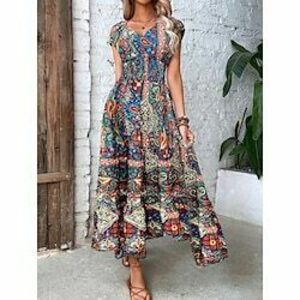 Női hétköznapi ruha Boho elegáns ruhák Csehország aranyos stílus Alkalmi Paisley Maxiruha Rövid ujjú V-alakú Nyomtatott Laza öltözet Vakáció Napi Tengerpart Bíbor Nyár Tavasz Lightinthebox kép