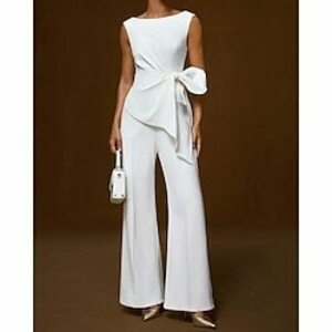 jumpsuit estélyi ruha elegáns ruha esküvői vendég földig érő ujjatlan csónaknyak szatén virágos masnikkal aszimmetrikus szegély 2025 Lightinthebox kép