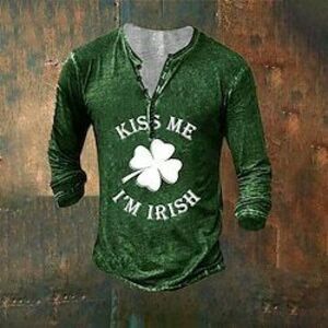 Férfi Szent Patrik Grafika Négylevelű lóhere Kiss Me I'm Irish Póló Henley ing Pólók Hosszú ujj Szüret Dizájn Stílusos Szabadtéri Napi Sport Tavaszi nyár Szürke Fekete Barna Zöld Medence Henley Lightinthebox kép