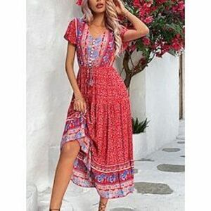 Női hétköznapi ruha Boho elegáns ruhák A vonalú ruha Csehország Alkalmi Boho Virágos Maxiruha Rövid ujjú V-alakú Nyomtatott Laza öltözet Vakáció Napi Tengerpart Rubin Nyár Tavasz Lightinthebox kép