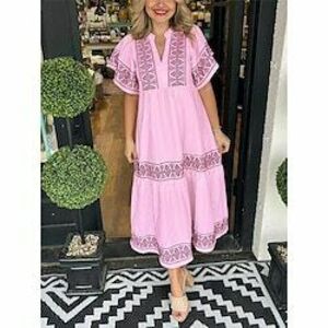 Női Midi ruha hétköznapi ruha Hosszú ujjú Boho ruha Fit and Flare ruha Csehország Stílusos Alkalmi Vakáció Hétköznapi Napi Normál Grafika Rövid ujjú V-alakú Fehér Arcpír rózsaszín Khakizöld Nyár Lightinthebox kép