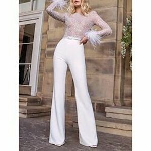 női jumpsuit magas derekú toll csillogó egyszínű legény nyakú utcai ruha esküvői party szokásos szabás hosszú ujjú fehér rózsaszín kék s m l nyár Lightinthebox kép