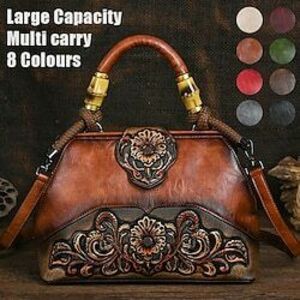 női vintage dombornyomott bőr kézitáska - boho virágmintás pénztárca fa fogantyúval és vállpánttal Lightinthebox kép
