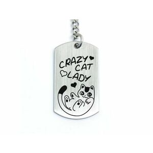 Crazy Cat Lady cicás gravírozott acél kulcstartó kép