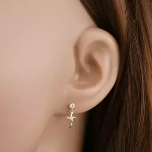 Fülbevaló 9K sárga aranyból - függő kereszt, hullámos szárak, kő kép