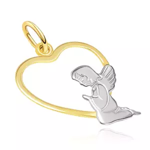 Kétszínű 375 arany medál - térdeplő angyal a szív körvonal alsó részében kép
