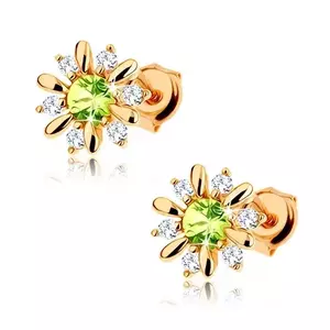 9K arany fülbevaló virág zöld olivinnel és átlátszó cirkóniákkal kép
