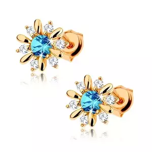 9K arany fülbevaló virág kék topázzal és átlátszó cirkóniákkal kép