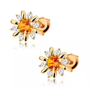 9K arany fülbevaló virág sárga citrinnel és átlátszó cirkóniákkal kép