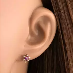 9K arany fülbevaló ametiszt szívvel és cirkóniákkal kép