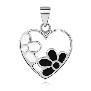 Medál - 925 ezüst, szív kontúr virágokkal, fehér gyöngyházfény és fekete fénymáz kép