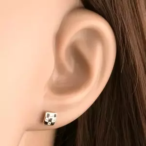 9K arany fülbevaló sakktábla mintával, cirkóniákkal és fekete mázzal kép