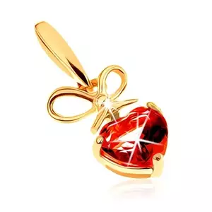 Medál 14K sárga aranyból - piros gránát szív megkötött masnival kép