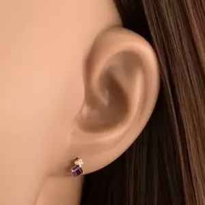 14 karátos arany fülbevaló rombusz alakú ametiszttel és átlátszó cirkóniákkal kép