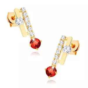 14 karátos arany fülbevaló függőleges vonalakkal, gránáttal és cirkóniákkal kép