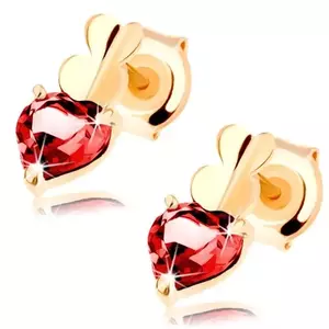 Fülbevaló 14K sárga színű aranyból - három összekapcsolt szív - sima felület, gránáttal kép