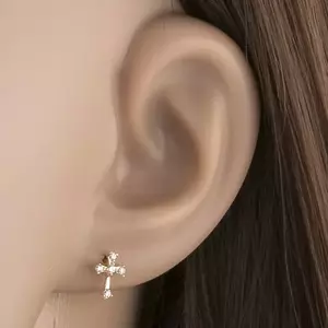 Fülbevaló 9K sárga aranyból - kis latin kereszt átlátszó cirkóniás díszítéssel kép