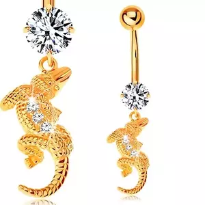 Köldök piercing sárga 14K aranyból - átlátszó cirkónia, kis krokodil hajlított testtel kép