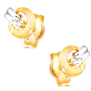 Fülbevaló 14K aranyból - csillogó átlátszó gyémánt fényes karikában, fehér arany sáv kép