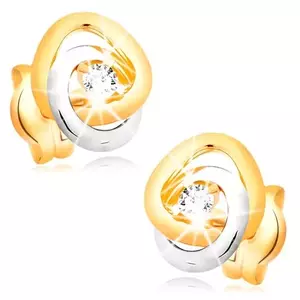 Fülbevaló 14K aranyból - kétszínű összekapcsolt karikák, csillogó átlátszó briliáns kép