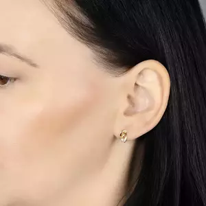 Kétszínű fülbevaló 14K aranyból - három hajlított vonal, kerek csillogó briliáns kép