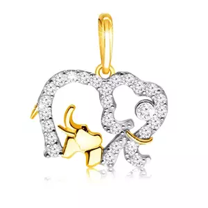 Medál kombinált 14K aranyból - elefánt kontúr cirkóniákkal kirakva, kisebb elefánt a belsejében. kép