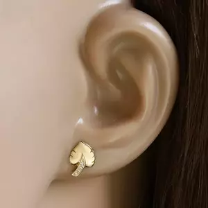 14K sárga arany gyémánt fülbevaló - „könnyező pálma” levél, szár briliánsokkal díszítve kép