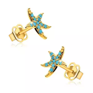 9K sárgaarany fülbevaló, szabálytalan csillag türkiz színű pöttyökkel kép