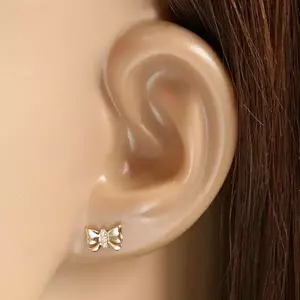 375 sárga arany fülbevaló – pillangó tükörfényes szárnyakkal, kerek átlátszó cirkóniák kép