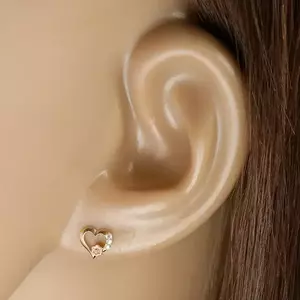 9K arany fülbevaló - szív körvonal, kerek tiszta cirkóniák, rózsaarany díszes virág kép