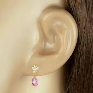 14K sárga arany fülbevaló - egy virág, egy rózsaszín cirkónia könnycseppel kép