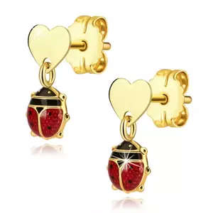 14K sárga arany fülbevaló - lapos szív, apró katicabogár piros szárnyakkal kép
