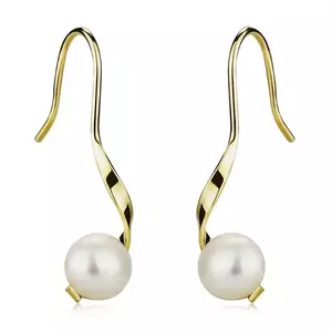 9K arany fülbevaló - hullámos vonal, fehér tenyésztett gyöngy, afrikai akasztó kép