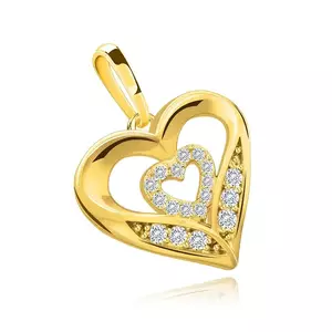 9K sárga arany medál - két szív körvonala, kerek cirkónia kép