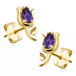 375 sárga arany fülbevaló - tulipán lila cirkóniával, könnycsepp forma kép