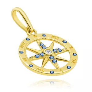 9K sárga arany kerek medál - iránytű átlátszó és kék cirkóniákkal kép