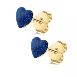 375 Sárga arany fülbevaló - kék csillogó szív átlátszó mázban kép