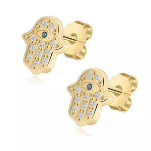 9K sárga arany fülbevaló - Fatima kéze, kék és átlátszó cirkóniák kép