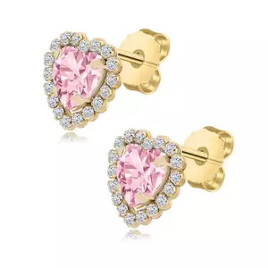 9K sárga arany fülbevaló - szív rózsaszín cirkóniával, tiszta cirkóniával szegélyezve kép