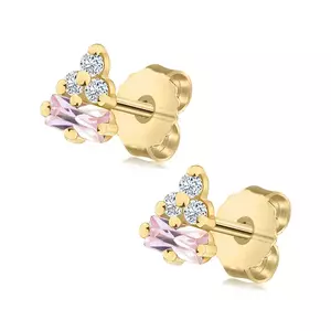 9K sárga arany fülbevaló – rózsaszín téglalap alakú cirkónia, három átlátszó kerek kép